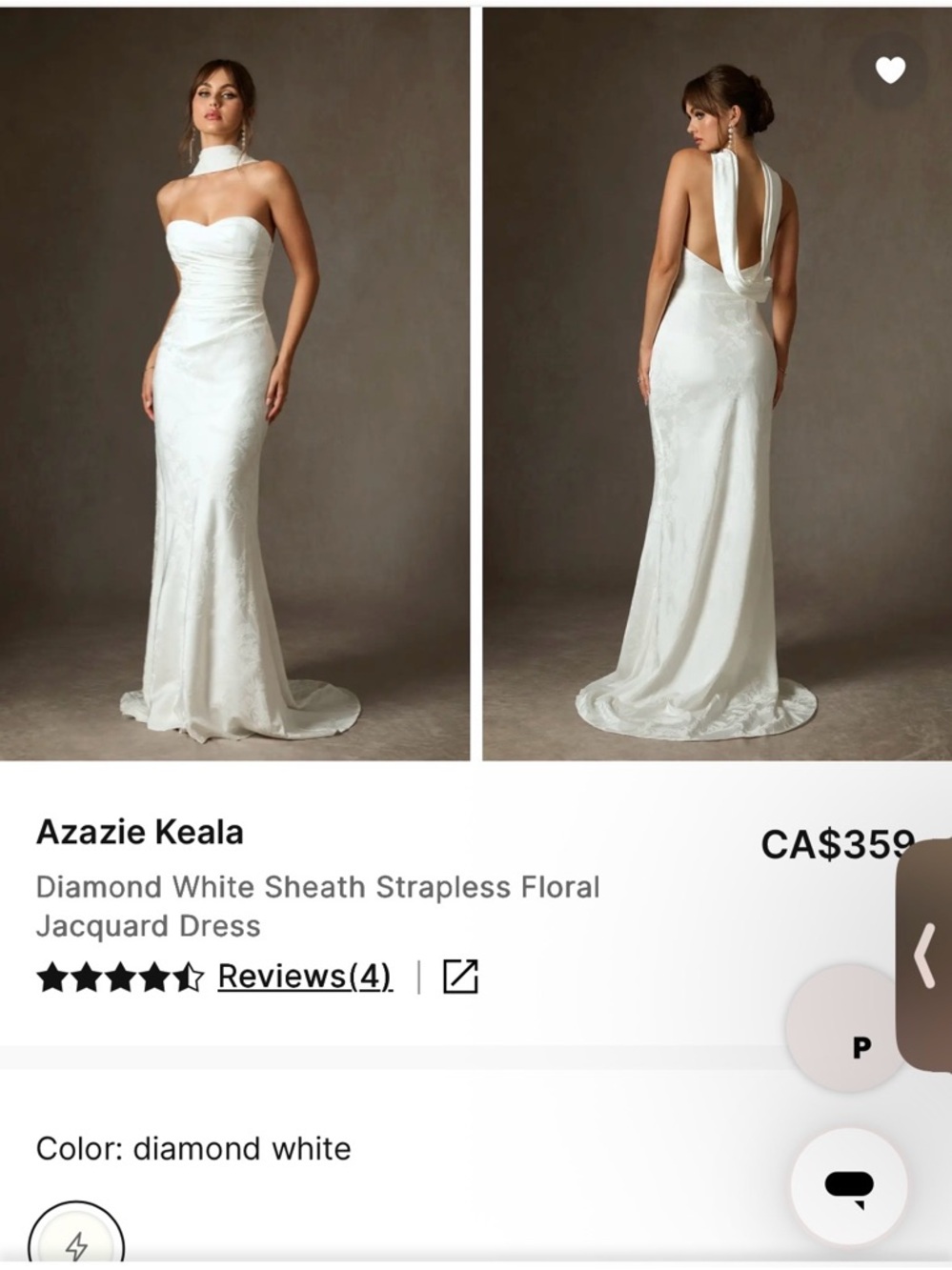 Azazie Diamond White Keala Strapless Sheath Gown with Draped Halter Sz 10